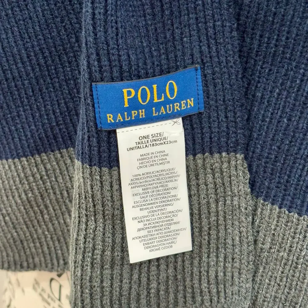 Ralph Lauren Gray Blue Ribbed Knit Rectangle Scarf Pony Logo Preppy Classic